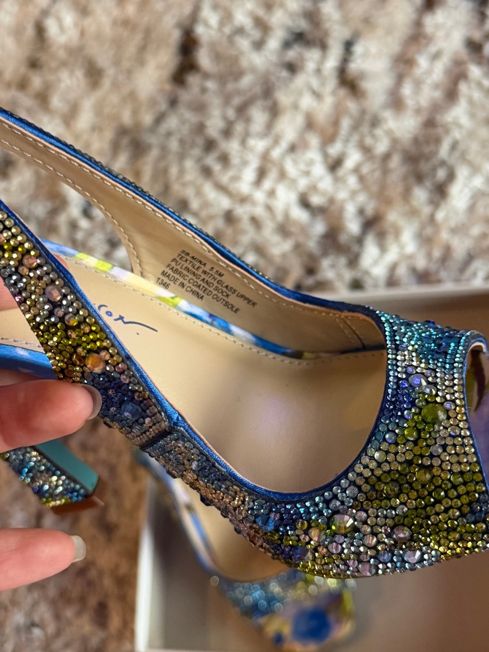 Betsey Johnson Blue Multicolor Jeweled Peep-Toe Slingbacks